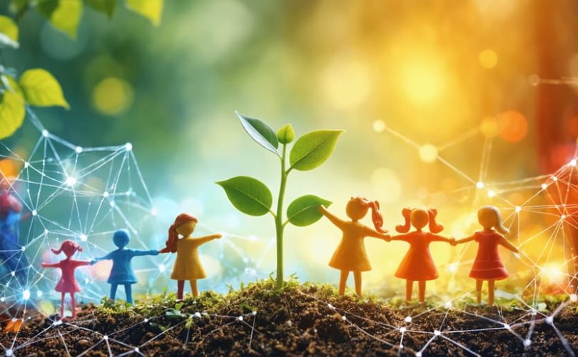 A conceptual image of an interconnected web symbolizing friendships, with playground scenes and children holding hands, representing the nurturing aspect of friendships in developing emotional resilience in children.