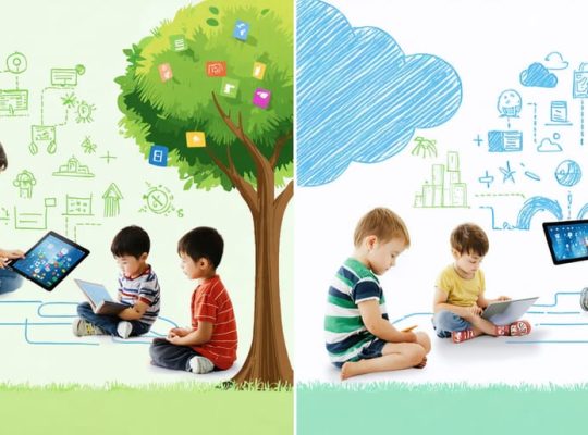 A depiction of children involved in both digital and real-world learning activities, highlighting the balance of online engagement with offline pursuits to promote comprehensive well-being.