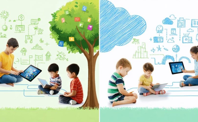 A depiction of children involved in both digital and real-world learning activities, highlighting the balance of online engagement with offline pursuits to promote comprehensive well-being.