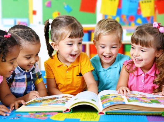 Diverse group of children in a colorful multicultural classroom, reading and discussing multilingual books, symbolizing language diversity's role in enhancing mental well-being.