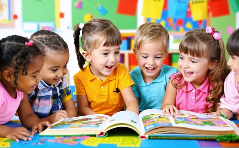 Diverse group of children in a colorful multicultural classroom, reading and discussing multilingual books, symbolizing language diversity's role in enhancing mental well-being.