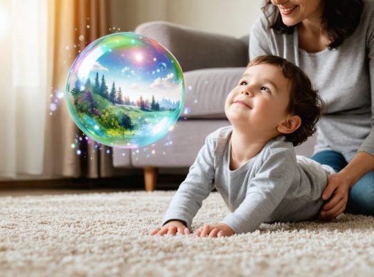 A parent guides a child through a relaxation exercise, with the child visualizing a peaceful scene, illustrated as a colorful bubble overhead.