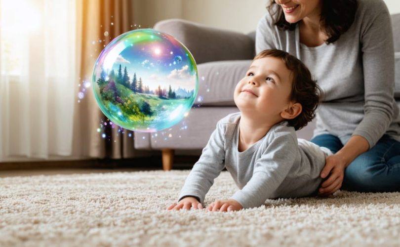 A parent guides a child through a relaxation exercise, with the child visualizing a peaceful scene, illustrated as a colorful bubble overhead.