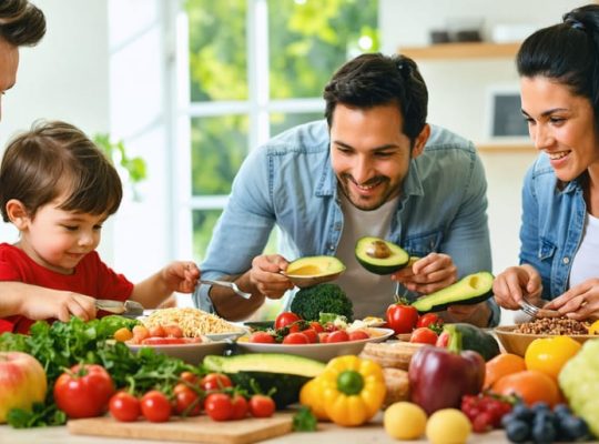 Family joyfully gathered around a dining table filled with a colorful selection of healthy food, practicing mindful eating and creating a positive mealtime experience.