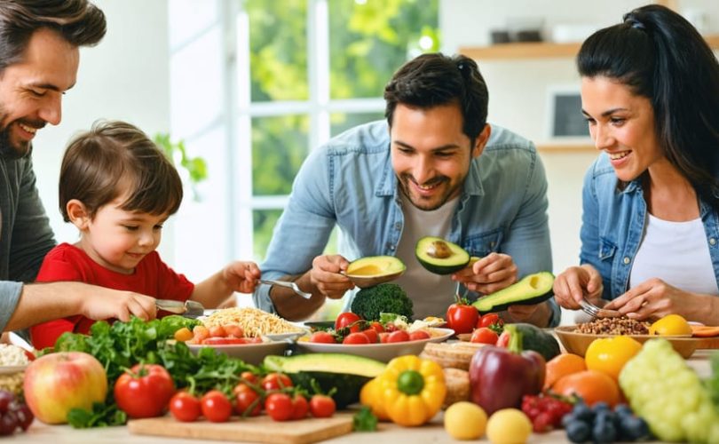 Family joyfully gathered around a dining table filled with a colorful selection of healthy food, practicing mindful eating and creating a positive mealtime experience.