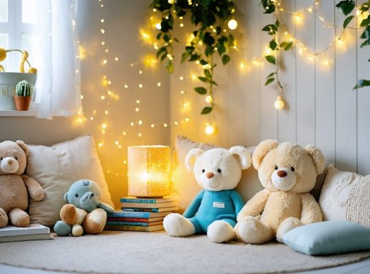 Cozy storytelling corner featuring cushions, soft lighting, fairy lights, and children’s books creating a welcoming and calming atmosphere.