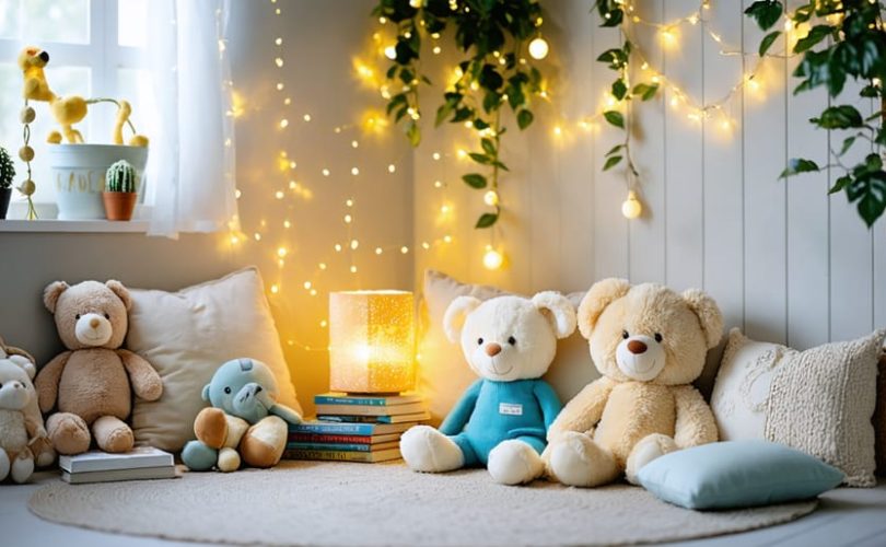 Cozy storytelling corner featuring cushions, soft lighting, fairy lights, and children’s books creating a welcoming and calming atmosphere.