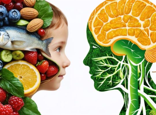 Illustration of a child's face intertwined with healthy foods like salmon, nuts, and berries, symbolizing the connection between nutrition and mental health, with neural pathways signifying the gut-brain axis.