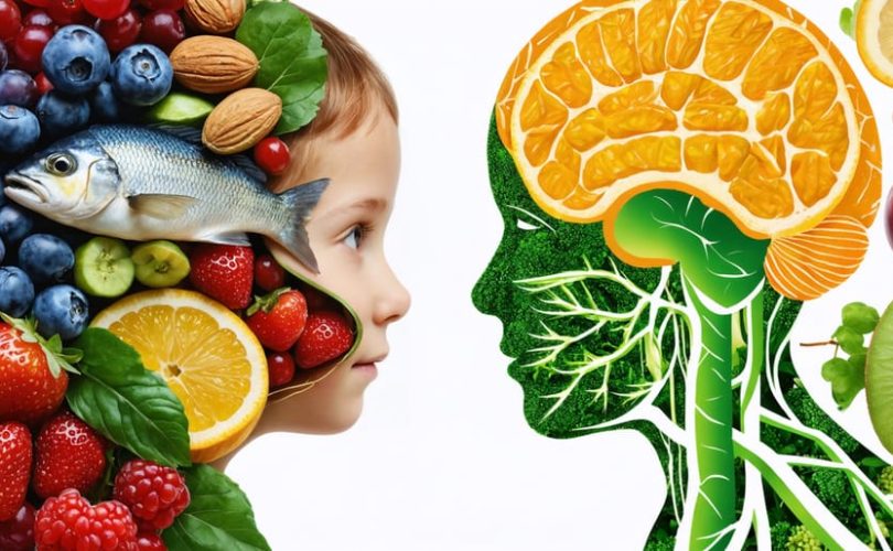 Illustration of a child's face intertwined with healthy foods like salmon, nuts, and berries, symbolizing the connection between nutrition and mental health, with neural pathways signifying the gut-brain axis.