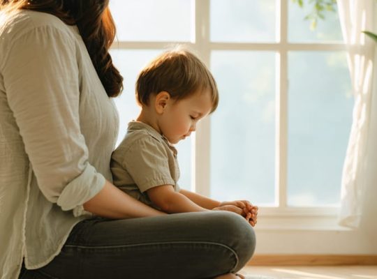 Parent and child sitting cross-legged, eyes closed, engaging in a mindfulness exercise together in a softly lit room, portraying a peaceful connection.