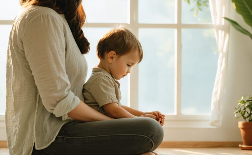 Parent and child sitting cross-legged, eyes closed, engaging in a mindfulness exercise together in a softly lit room, portraying a peaceful connection.