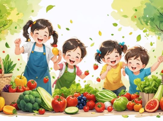 Preschool children joyfully participating in playful learning activities, sorting colorful fruits and vegetables, and engaging in a movement game focused on nutrition, with expressions of excitement and curiosity.