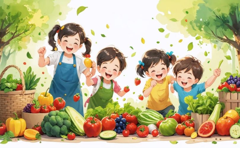 Preschool children joyfully participating in playful learning activities, sorting colorful fruits and vegetables, and engaging in a movement game focused on nutrition, with expressions of excitement and curiosity.
