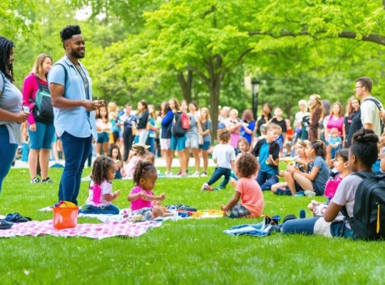 A diverse group of community members including parents, children, teachers, and healthcare professionals gathered in a park, participating in activities focused on preventing mental health issues. The scene represents collaboration, support, and unity in creating a healthier environment for youth.