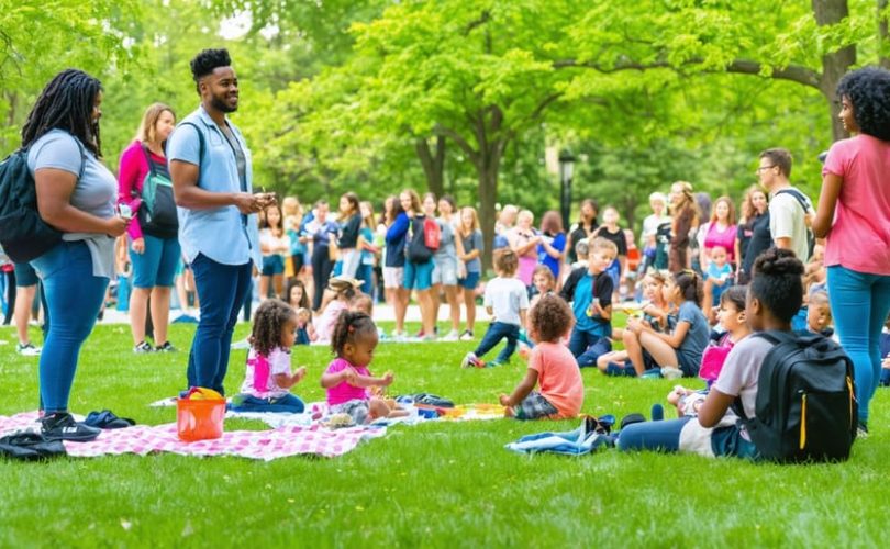 A diverse group of community members including parents, children, teachers, and healthcare professionals gathered in a park, participating in activities focused on preventing mental health issues. The scene represents collaboration, support, and unity in creating a healthier environment for youth.