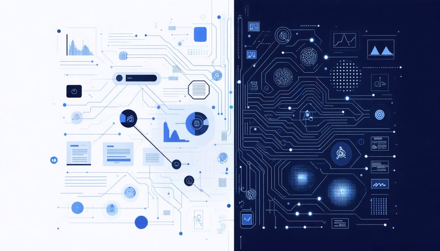 Digital illustration of AI processing mental health data with connected nodes and flowing information
