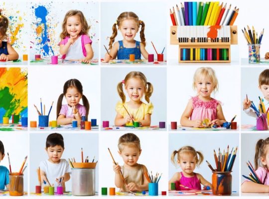 A dynamic collage of children engaging in painting, sculpting, and playing musical instruments, representing art as a bridge to learning across academic subjects.