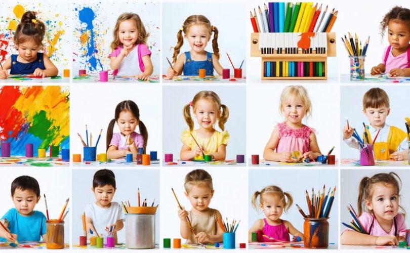 A dynamic collage of children engaging in painting, sculpting, and playing musical instruments, representing art as a bridge to learning across academic subjects.