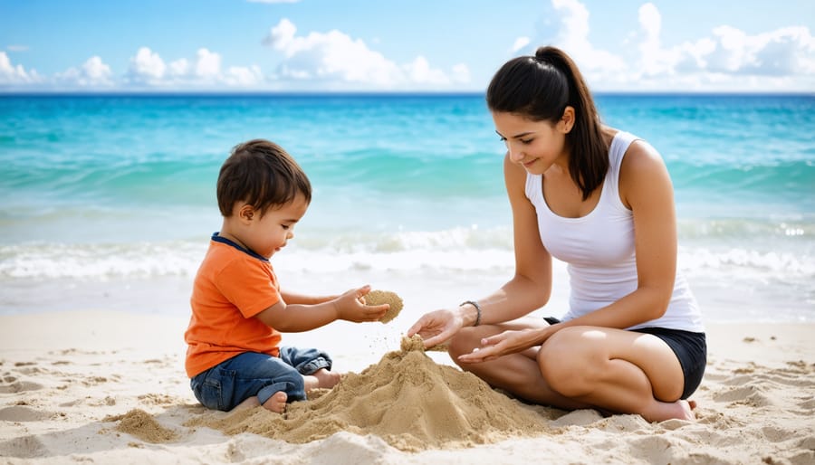 Young child and therapist practicing mindfulness activities on a peaceful beach