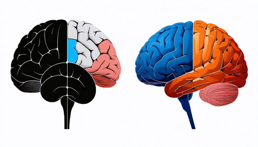 Colorful illustration comparing brain activity during verbal communication and artistic expression