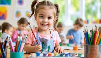 A young child enthusiastically painting a self-portrait using vibrant colors, surrounded by other children engaged in various art activities within a lively art therapy setting, highlighting the expressive and supportive environment.