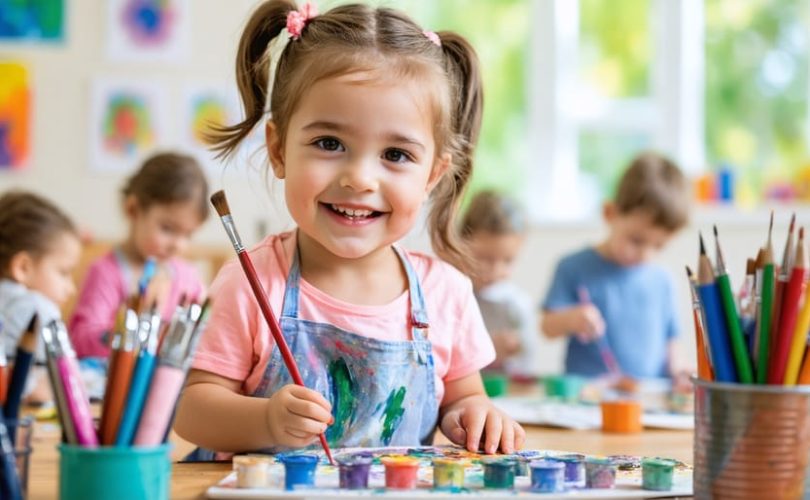 A young child enthusiastically painting a self-portrait using vibrant colors, surrounded by other children engaged in various art activities within a lively art therapy setting, highlighting the expressive and supportive environment.