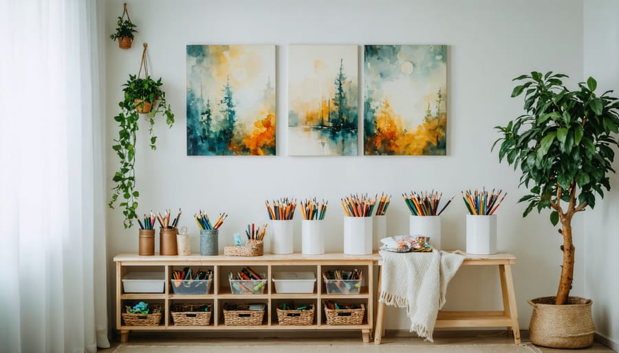 Cozy children's art space with easel, art supplies, and wall-mounted artwork display