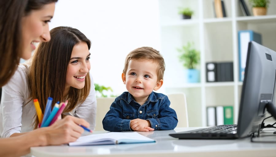 Professional child psychologist conducting a gentle conversation with a child in a welcoming clinical environment
