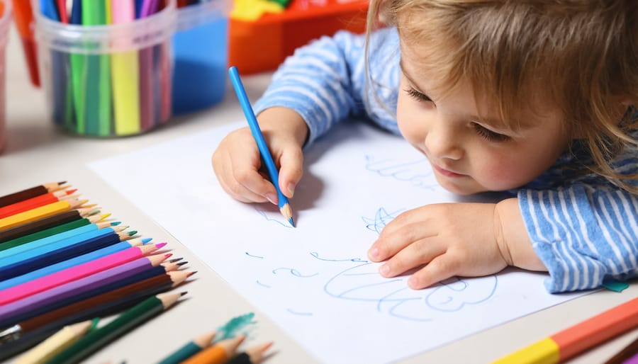 Young child engaged in drawing with crayons, markers, and colored paper on a table