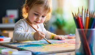 A young child intently painting on a large canvas with bright colors, illustrating the concept of expression art therapy as a tool for emotional development.