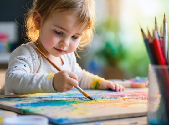 A young child intently painting on a large canvas with bright colors, illustrating the concept of expression art therapy as a tool for emotional development.