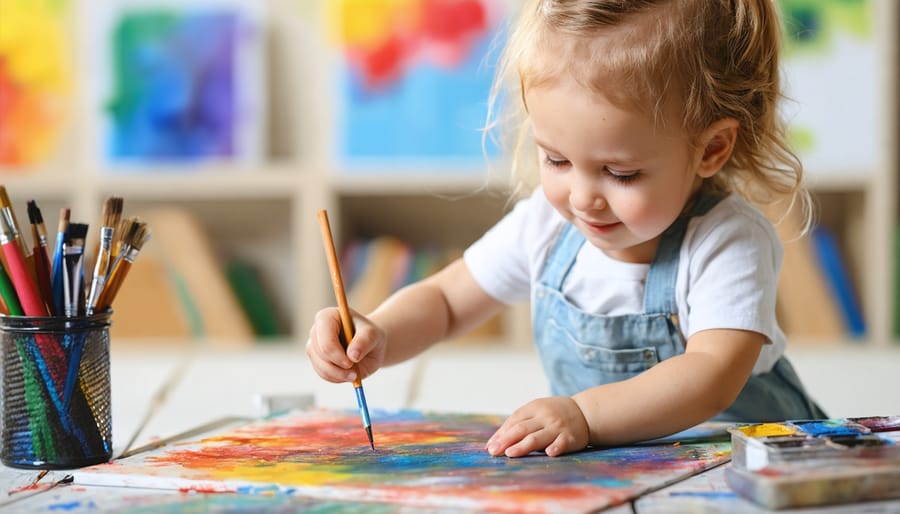Young child painting expressively with vibrant colors on large paper