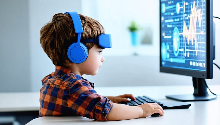 Young patient participating in neurofeedback therapy with EEG sensors