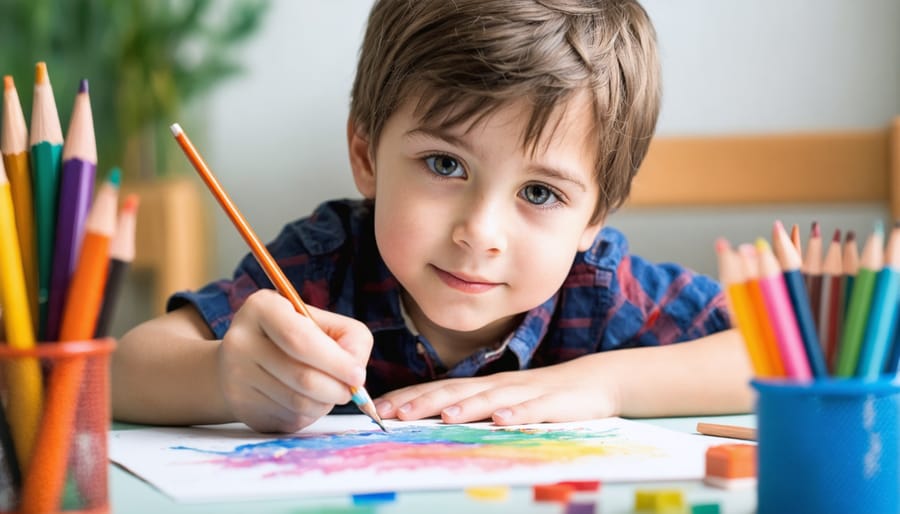 Young child creating a vibrant self-portrait using various art supplies including paint, crayons, and markers