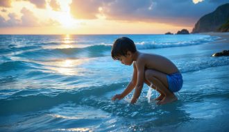 A young child and therapist engaging in playful interaction by the water at sunrise, embodying the calming and healing essence of blue spaces for children's mental health.