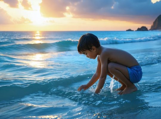 A young child and therapist engaging in playful interaction by the water at sunrise, embodying the calming and healing essence of blue spaces for children's mental health.