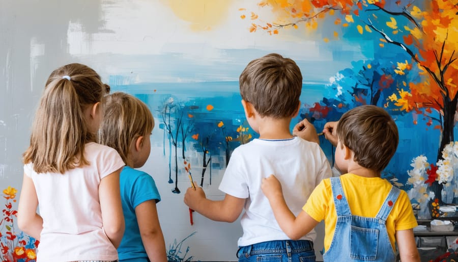 Diverse group of children working together to create a colorful wall mural