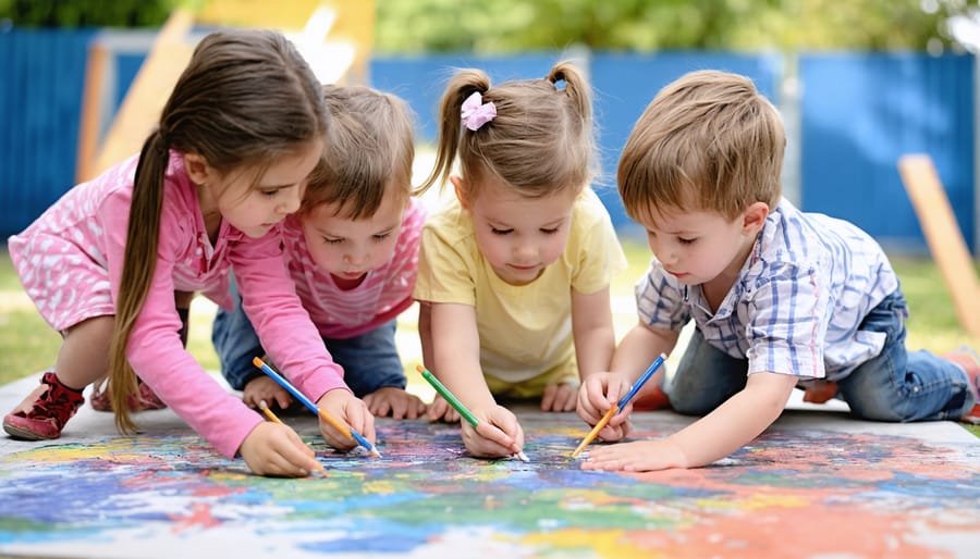 Diverse group of children working together on a shared art project, showing positive interaction and engagement