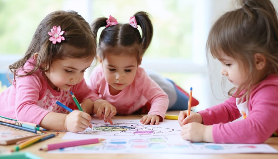 Three preschool children creating a shared artwork while interacting positively