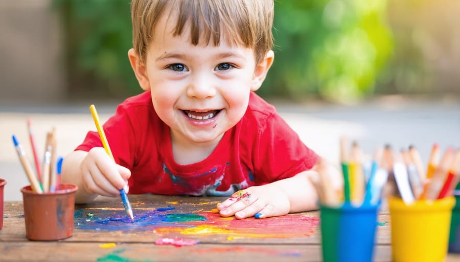 Young child smiling while creating colorful artwork with finger paints