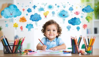 A young child engaged in creating art surrounded by colorful, cloud-like shapes representing emotions, with supportive figures smiling in the background.