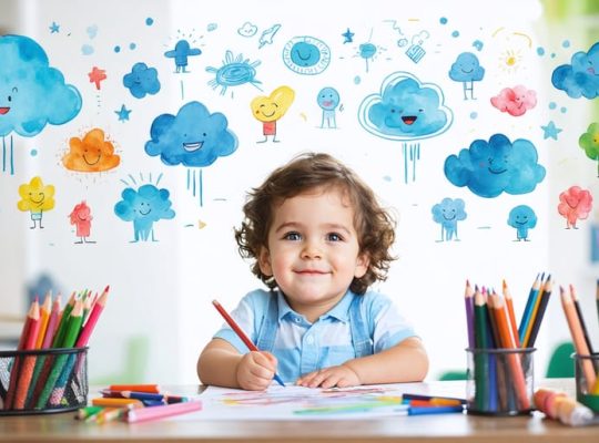 A young child engaged in creating art surrounded by colorful, cloud-like shapes representing emotions, with supportive figures smiling in the background.