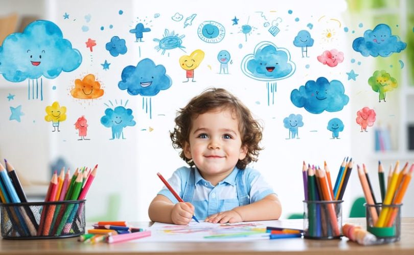 A young child engaged in creating art surrounded by colorful, cloud-like shapes representing emotions, with supportive figures smiling in the background.