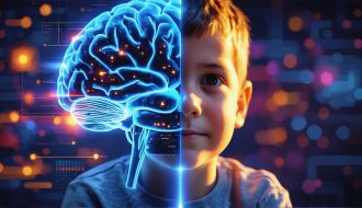 Illustration of a child’s face half-lit by a colorful video game screen and brain scan imagery, representing the cognitive and emotional influences of gaming. Abstract elements highlight strategic, problem-solving, and digital connectivity aspects.