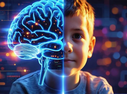 Illustration of a child’s face half-lit by a colorful video game screen and brain scan imagery, representing the cognitive and emotional influences of gaming. Abstract elements highlight strategic, problem-solving, and digital connectivity aspects.