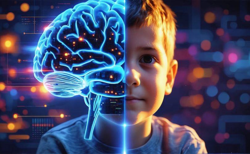 Illustration of a child’s face half-lit by a colorful video game screen and brain scan imagery, representing the cognitive and emotional influences of gaming. Abstract elements highlight strategic, problem-solving, and digital connectivity aspects.