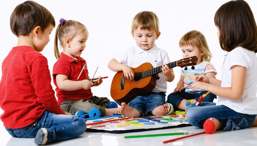 Diverse group of children engaging in music therapy activities with instruments under professional guidance