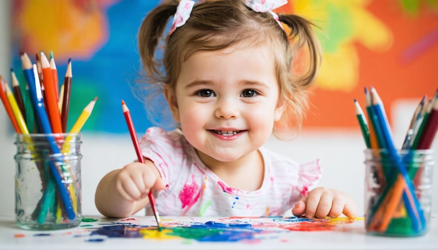 Young child smiling while creating colorful finger painting artwork