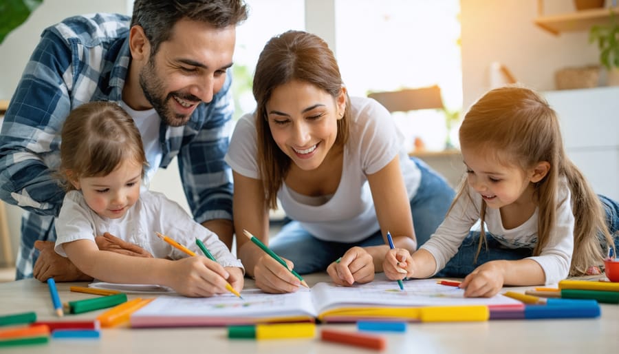 Parents and children working together on a creative project, displaying healthy family dynamics