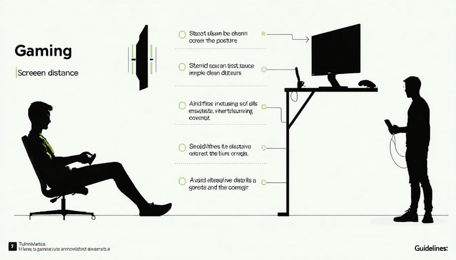 Diagram illustrating correct sitting posture, screen positioning, and ergonomic setup for healthy gaming
